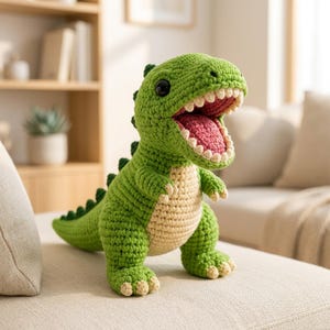 May include: A green crocheted dinosaur plush toy with a cream-colored belly, dark green dorsal spikes, and a wide-open mouth revealing a pink interior with individual white teeth. The creature has large black eyes and small claws on its feet.