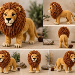 May include: A handcrafted crochet lion toy featuring a golden-yellow body, a thick dark brown yarn mane, and a tufted tail. The lion has embroidered facial features, including dark eyes and a black nose, standing on four legs in various poses.