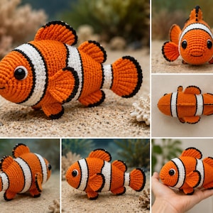 May include: A crochet clownfish toy featuring a vibrant orange body with two distinct white vertical stripes outlined in black. The stuffed fish has large black eyes, a rounded body shape, and textured yarn fins, shown from multiple angles.