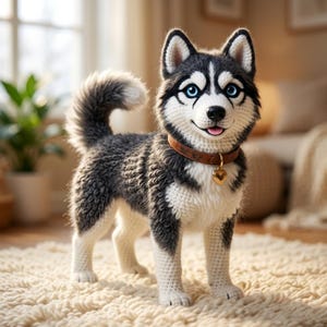 Könnte beinhalten: Gehäkelter Husky-Hund mit blauen Augen, schwarz-grauem Fell und weißen Abzeichen. Er trägt ein braunes Halsband mit einem goldenen Herzanhänger. Der Hund steht auf einem cremefarbenen Teppich, mit verschwommenem Hintergrund.