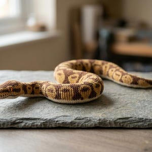 以下が含まれることがあります： 茶色とベージュの色合いの、赤い舌を持つかぎ針編みのヘビのおもちゃ。ヘビは灰色の石の表面に横たわっています。ヘビの模様はボールパイソンに似ています。