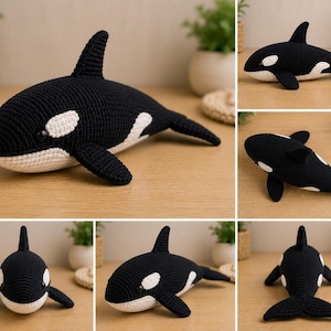 May include: A black and white crocheted orca whale plush toy featuring a dorsal fin, side flippers, and a tail fluke. The orca has a rounded head with a white patch near the eye and a white underside, crafted with a visible textured yarn stitch.