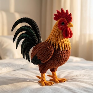 Op de afbeelding: Een handgemaakt gehaakt haanfiguur met een felrode kam en lellen, een goudgele nek, een bruin lichaam en een lange, gebogen zwarte staart. De vogel heeft donkere, ronde ogen en gestructureerde gele poten, staand met gedetailleerd haakwerk.