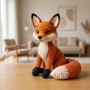 May include: A handcrafted crochet fox plush toy featuring a vibrant orange body, a white chest and muzzle, black-tipped ears, and black paws. The fox has large, dark, expressive eyes and a long, bushy tail with a white tip, sitting in an upright pose.