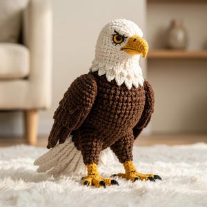 May include: A crocheted bald eagle stuffed animal featuring a white head and tail, a dark brown body, and a textured yellow beak and talons. The eagle has detailed yellow and black eyes and is crafted with visible yarn stitches throughout its form.