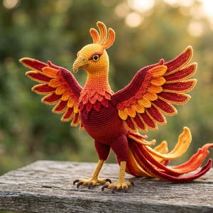 May include: A handcrafted crochet phoenix bird with outstretched wings. The bird features a vibrant color palette of red, orange, and yellow. The wings and tail feathers are detailed, and the bird is posed on a wooden surface.