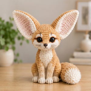 May include: A crocheted fennec fox figurine featuring large, pointed ears with light pink inner detailing, oversized black plastic eyes, a small brown nose, and a cream-coloured chest and muzzle. The body is crafted from tan yarn with a textured finish.