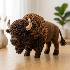 Puede incluir: Un bisonte de ganchillo hecho a mano, peluche con cuerpo texturizado marrón oscuro, crin gruesa y rizada, cuernos curvos de color beige claro, ojos negros, hocico oscuro y cola con borla. La figura se sostiene sobre cuatro patas con pezuñas oscuras.