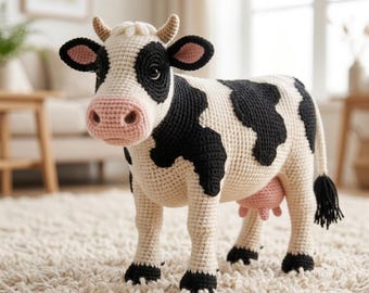 May include: A handcrafted crochet cow toy featuring a cream-colored body with black patches, a pink snout, and small tan horns. The stuffed animal has dark eyes, black hooves, a pink udder, and a black-tipped tail, standing on four sturdy legs.