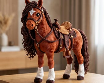 Horse Crochet Pattern PDF with Saddle & Bridle | Realistic Chestnut Pony Amigurumi | Western Tack Plush | Equestrian Gift Tutorial