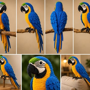 Op de afbeelding: Een handgemaakte gehaakte ara-papegaai met levendig blauw, geel en groen garen. De vogel heeft een gedetailleerde zwarte snavel, witte gezichtsvlekken en donkere poten. Het wordt vanuit meerdere hoeken getoond, zittend op een tak en staand.