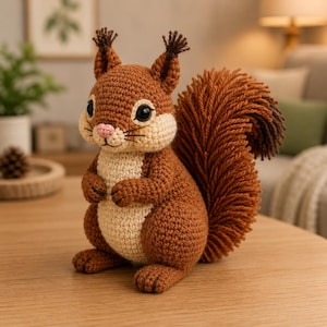 May include: A crocheted squirrel figurine featuring a brown body with a cream-colored chest and face. The squirrel has large black eyes, a small pink nose, and dark brown tufted ears. It has a large, bushy, textured tail made of yarn.