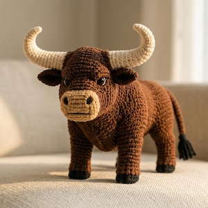 May include: A brown crochet bull stuffed animal featuring large, curved cream-colored horns, a light tan muzzle, and black hooves. The toy has a textured yarn surface, dark eyes, and a small tail with a black tuft at the end, standing on four legs.
