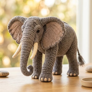 May include: A handcrafted crochet elephant toy featuring a textured grey yarn body, large floppy ears with light beige inner detailing, curved tusks in a cream shade, and a curled trunk. The elephant stands on four sturdy legs with small beige accents.