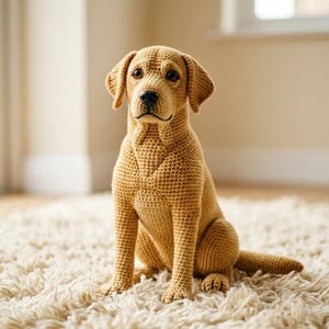 Puede incluir: Un perro Labrador dorado tejido a ganchillo está sentado sobre una alfombra color crema. El perro tiene una apariencia detallada y texturizada, con puntadas visibles y una pose realista. El fondo es de un color suave y neutro, con una ventana y una puerta.