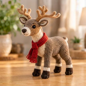 Patrón de ganchillo de reno en PDF, reno amigurumi realista con astas y bufanda roja, patrón de ganchillo navideño, descarga instantánea.