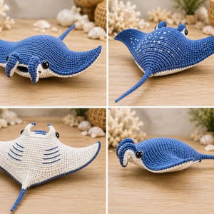 Può includere: Un giocattolo a forma di razza realizzato all'uncinetto, con la parte superiore blu intenso con macchie bianche e la parte inferiore bianca. La creatura in peluche presenta due occhi in plastica nera, una lunga coda appuntita e pinne cefaliche.