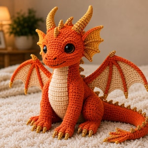 May include: A crocheted orange dragon with tan detailing, including wings, belly, and horns. The handmade plush toy has large black eyes and is sitting on a white, textured surface. The dragon's claws and wing tips are gold.