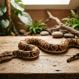 以下が含まれることがあります： 茶色、ベージュ、黒色のグラデーションで編まれた蛇が、赤い舌を出して木製の表面にいます。蛇の模様は本物の蛇に似ています。背景には植物、石、木の枝があります。