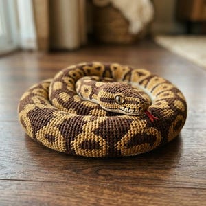 以下が含まれることがあります： 茶色とベージュの色合いの、赤い舌を持つ、かぎ針編みのヘビ。 ヘビの体には繰り返しの模様があり、頭には目とわずかに開いた口が描かれています。 ぬいぐるみは木の床の上にあります。