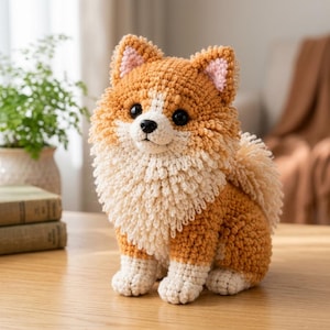 May include: A crocheted stuffed animal shaped like a Pomeranian dog. The figure features textured golden-brown yarn for the body, a white chest and paws, black plastic eyes, a small black nose, and light pink accents inside the pointed ears.