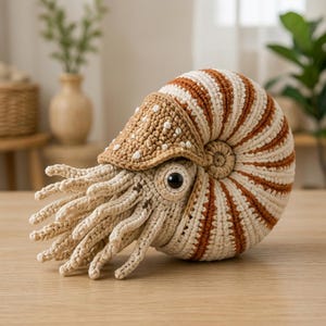 Könnte beinhalten: Ein gehäkeltes Nautilus-Spielzeug mit einem spiralförmigen Gehäuse in abwechselnden cremefarbenen und braunen Streifen. Das Wesen hat eine strukturierte hellbraune Haube mit weißen Punkten, ein einzelnes dunkles Auge und viele Tentakel.