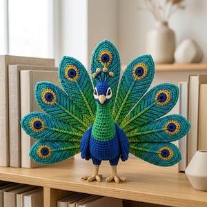 Patrón de ganchillo de pavo real en PDF / Amigurumi de pavo real majestuoso con cola de abanico / Tutorial de pavo real azul real