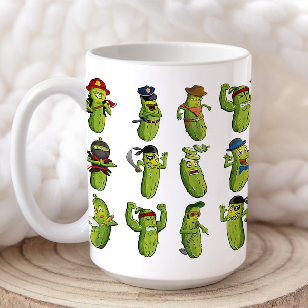 Pickle Cartoons Coffee Mug: Funny Pickles Design - Perfect for Pickle Lovers, Wraparound Design, White Ceramic, 15oz (MV004)