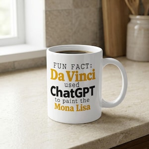 ChatGPT Da Vinci Mug, 11 oz White Ceramic Coffee Cup with AI Prompts Joke for Programmers and Art Lovers