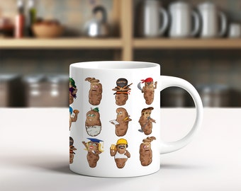 Cute Potatoes Coffee Mug: Whimsical Potato Art - Wraparound Design, Original Cartoon Characters, 11oz White Ceramic Mug (MU003)