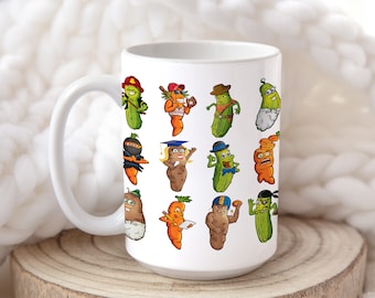 Veggie Cartoon Character Coffee Mug: 15oz White Ceramic, Vegetarian Gift