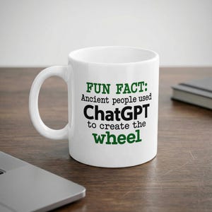 Op de afbeelding: Een witte keramische mok met de groene en zwarte tekst: FUN FACT: Ancient people used ChatGPT to create the wheel. De mok heeft een standaard handvat en een cilindervormig lichaam, met de tekst duidelijk zichtbaar op de voorzijde.
