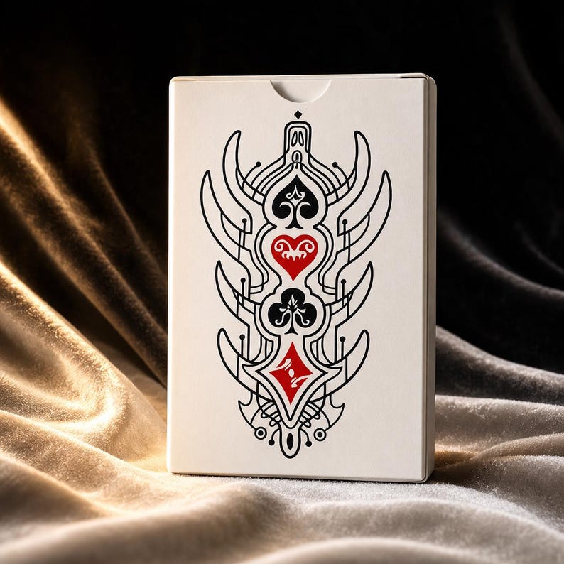 Premium fantasy playing card tuck box with custom suit symbols and elegant modern deck packaging design