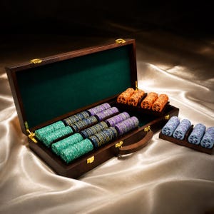 May include: A wooden poker chip set with a dark brown finish, gold-colored clasps, and a green felt interior. The set contains stacks of colorful poker chips in green, purple, orange, blue, and yellow.