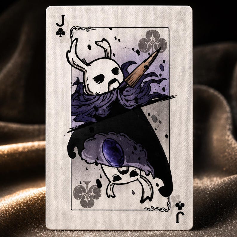 Jack of clubs fantasy playing card with mysterious masked warrior illustration and gothic ink style artwork