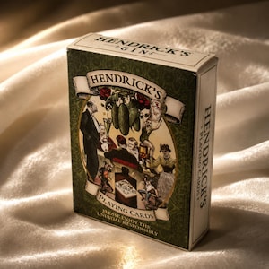Op de afbeelding: Een pakje Hendrick's Gin speelkaarten. De doos is groen met een vintage illustratie van mensen en komkommers. De bovenkant van de doos leest "Hendrick's Gin". De zijkant van de doos leest "Hendrick's Playing Cards".