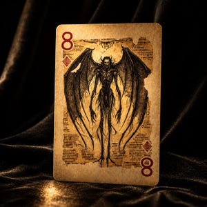 Peut inclure: Une carte à jouer avec le chiffre 8 en rouge, ornée d'une illustration d'une figure squelettique ailée. La carte a un aspect vintage et vieilli avec des illustrations et du texte détaillés. Le fond est un tissu sombre et texturé.