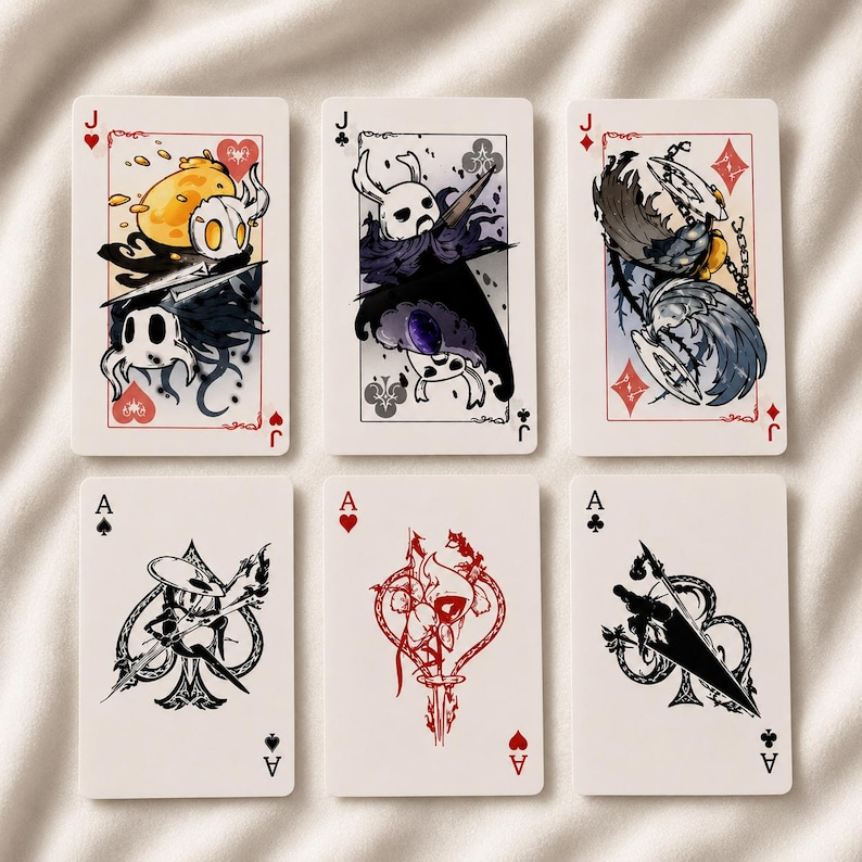 Fantasy custom playing cards collection with illustrated face cards and minimalist ace designs for gamer decor