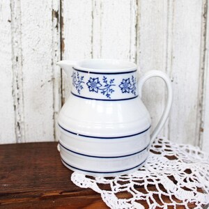 Vintage Austrian Art Pottery Creamer, Blue Floral Cobalt Band Ribbed Pitcher