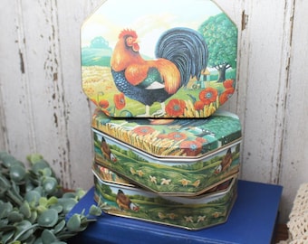 Vintage Department 56 Rooster Tin Set of 3 Nested Octagon Farmhouse Decor