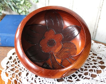 Vintage Hand-Carved Teak Monkey Pod Wooden Floral Bowl, Vintage Catch-All Bowl