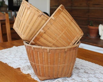 Vintage Split Bamboo Nesting Baskets Set of 3, Woven Wicker Planters, Round Top Square Base, Made in People’s Republic of China, Rare
