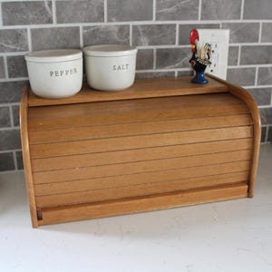 Vintage Wooden Roll Top Bread Box - Mid Century 1970s Bread Bin, Countertop Kitchen Storage