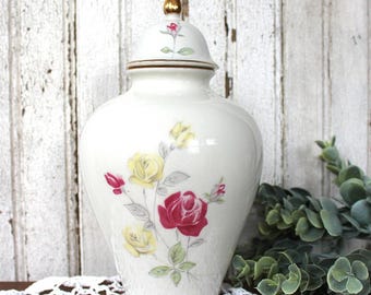 Vintage Royal KM Bavaria Porcelain Lidded Ginger Jar Vase - Yellow and Red Rose Floral Urn with Gold Finial, Made in Germany