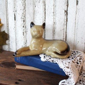 May include: A ceramic Siamese cat figurine in a reclining position with a glossy tan body, dark brown ears, and a dark brown tail. The cat has pointed ears and a smooth finish, capturing the classic color points of the breed in a decorative form.