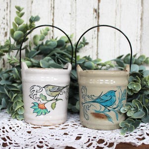 Set of 2 Vintage Style Ceramic Crocks with Bluebird - Hand Painted Pottery Planter Votive Candle Holders Wire Handles
