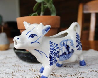 Vintage Delft Blue Ceramic Cow Creamer | Hand-Painted Dutch Windmill Milk Pitcher