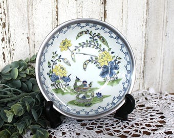 Vintage Cantonware Bowl In Metal Base - Hand Painted Chinoiserie Duck Dish, Bowl Decorative Catchall Tray — Circa 1970