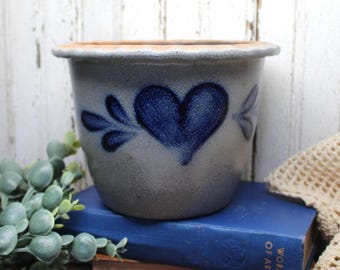 Vintage Rowe Pottery Works Salt Glazed Stoneware Planter Pot, Scalloped Rim, Cobalt Blue Hand-Painted Heart Design, Stamped 1987