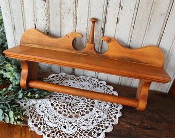 Vintage Pine Wall Shelf with Towel Holder, Rustic Farmhouse Spice Rack